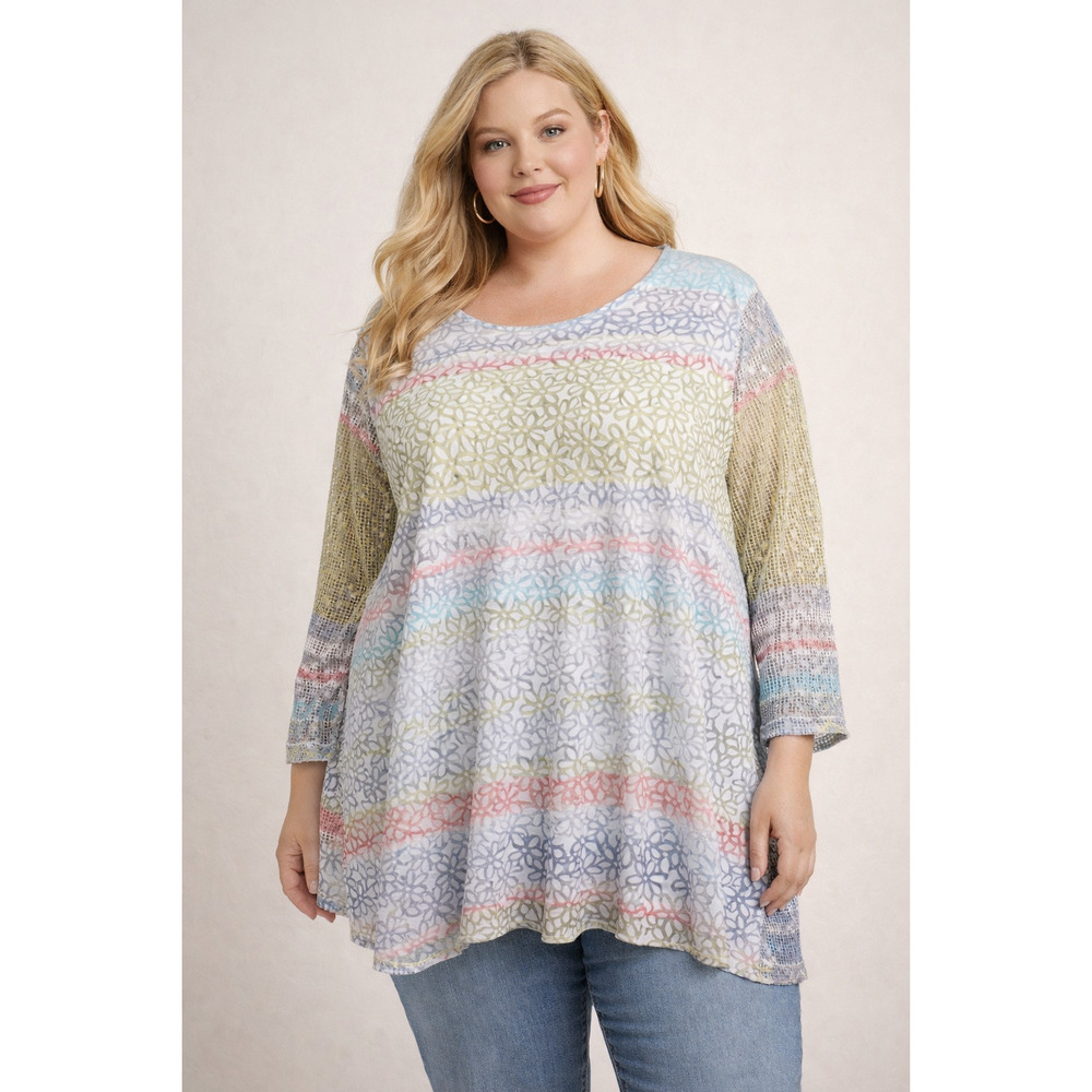 Ali Miles 2X Burnout Tunic Top Artsy Watercolor Mesh Sleeves Sheer Overlay Boho